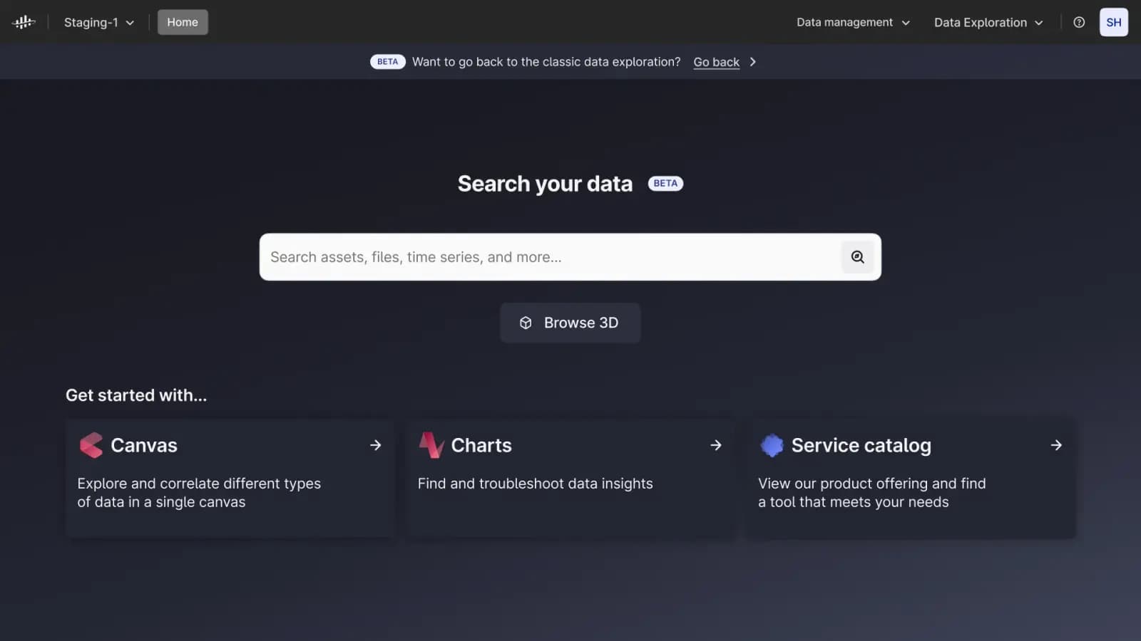 Cognite Data Fusion search: assets, files and time series, with Canvas, Charts and 3D.