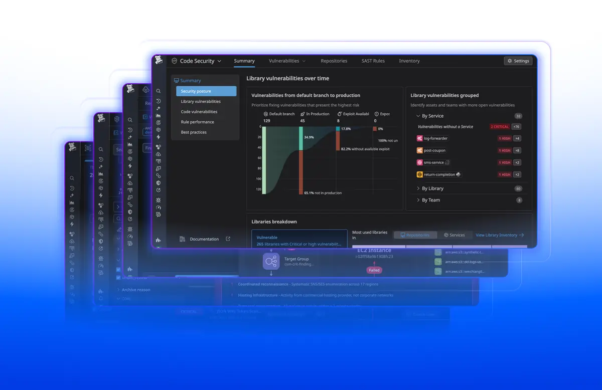 A Datadog security view: library vulnerabilities across services.