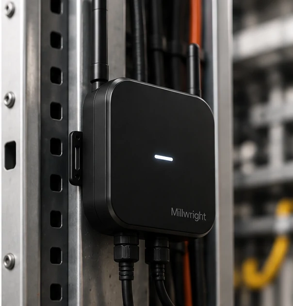 Gateway mounted on a rack upright, with its cables running down into the cabinet.