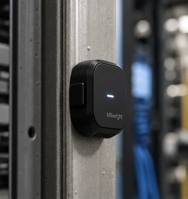 The humidity sensor mounted on a concrete column beside a network rack.