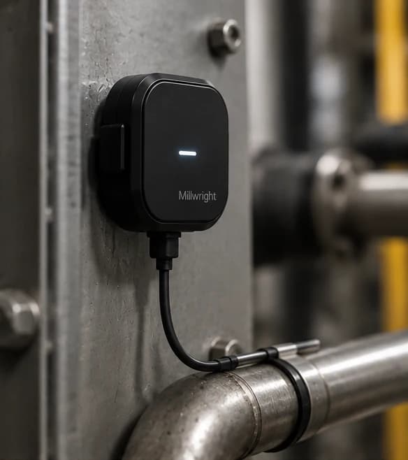 The temperature sensor mounted on a steel upright, its probe strapped to a pipe.