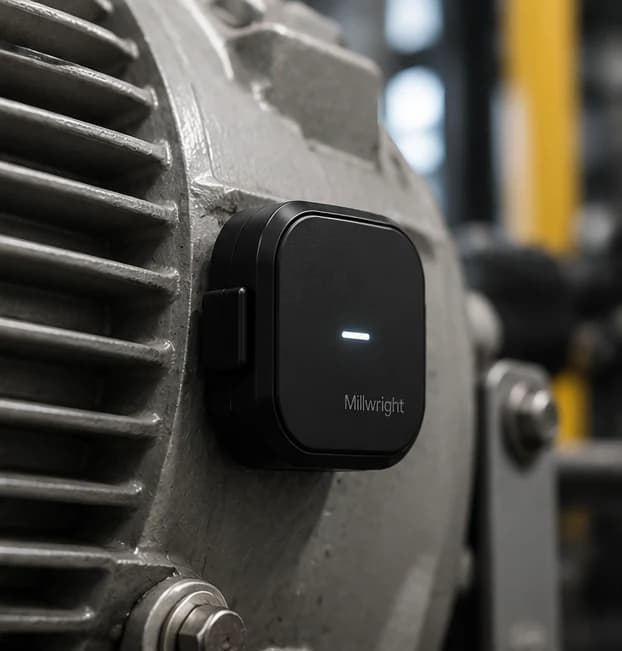 The vibration sensor mounted on the finned housing of an electric motor.