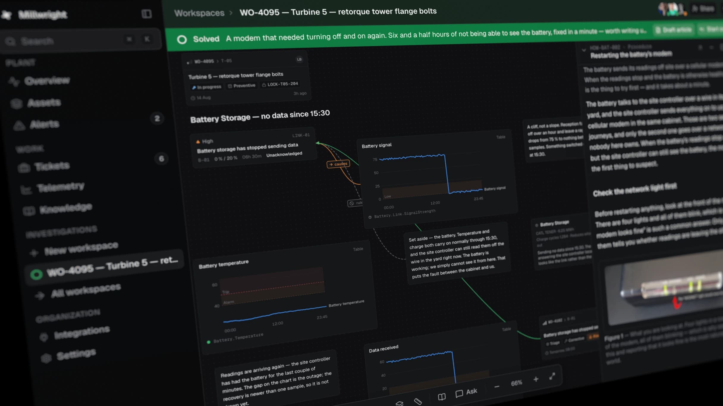 A resolve board in Millwright, turning an investigation into a closed loop